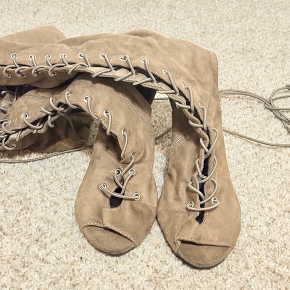 Lace-Up Peep Toe Boots - Taupe - Picture 1 of 9